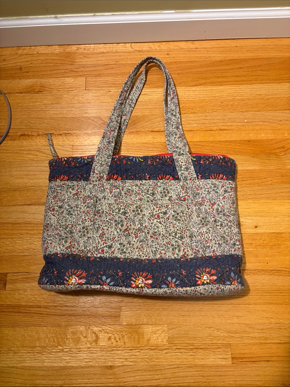 Travelon Quilted Fabric Tote Bag | Green Navy Floral Paisley Shoulder Travel Car